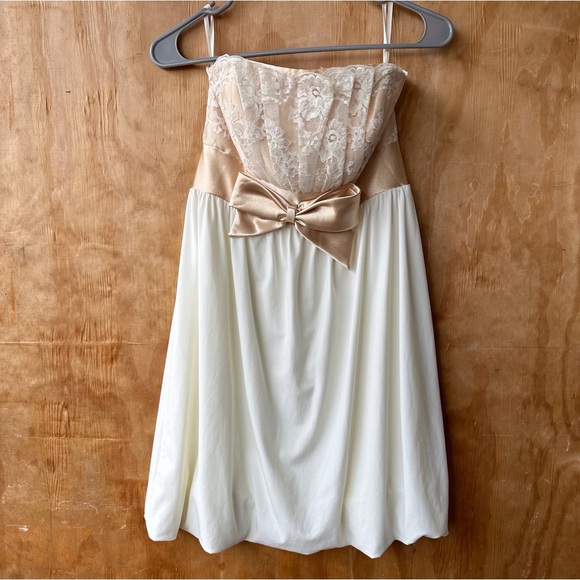 Jessica McClintock for Gunne Sax Strapless Y2K Mini Dress Champagne Lace - Picture 1 of 13